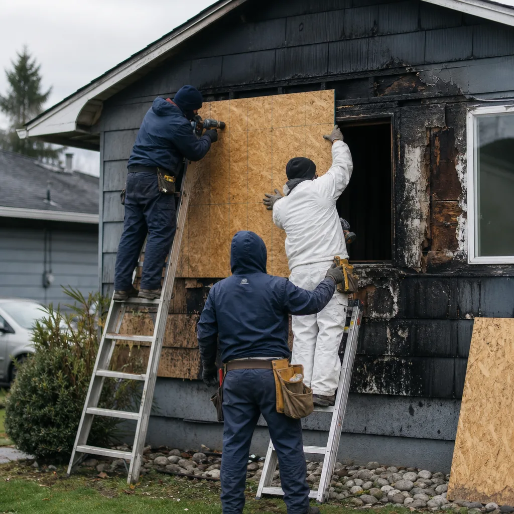 Team boarding up residential property following fire and smoke damage restoration
