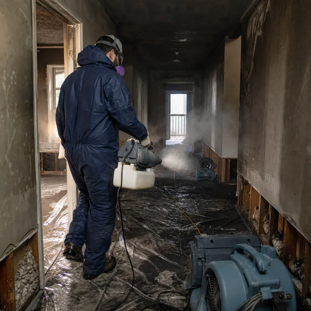 Professional cleaning smoke damage with industrial fogger equipment