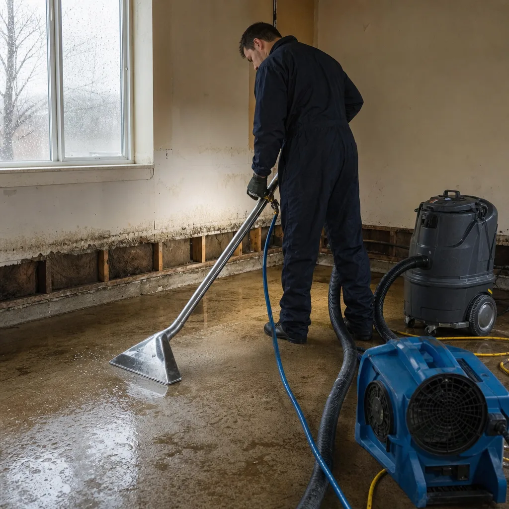 Water damage restoration professional using an industrial wet vacuum on concrete floors
