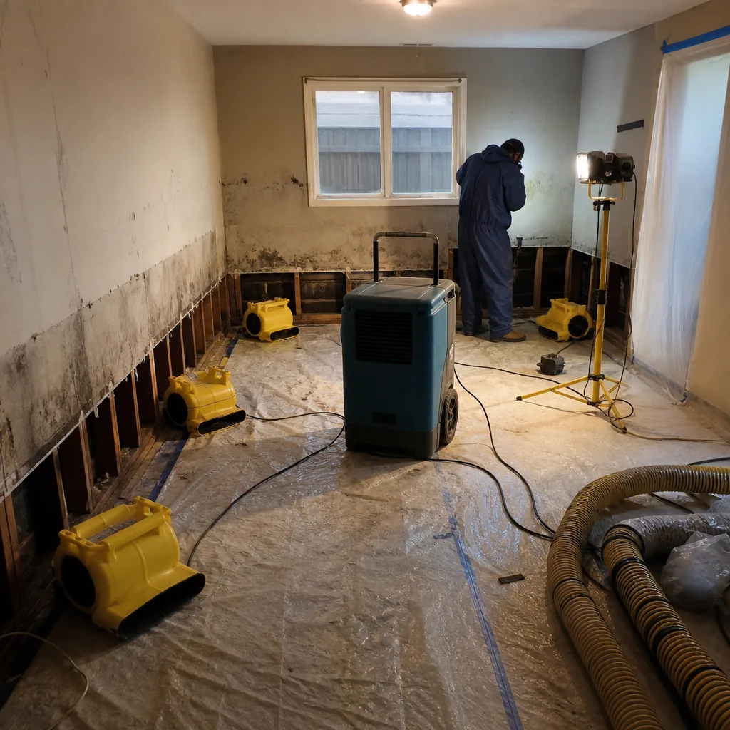 Water damage restoration technician using professional drying equipment in a damaged home