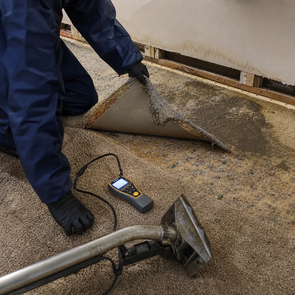 Water damage restoration professional using moisture detection equipment on wet carpet
