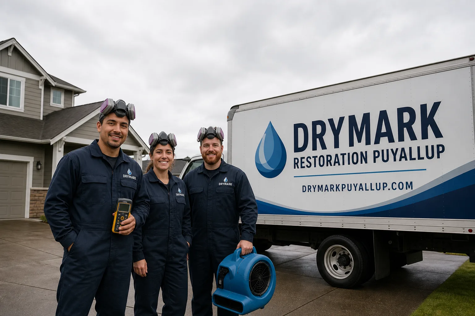 DryMark Restoration Puyallup damage restoration service vehicle and crew in Puyallup, WA